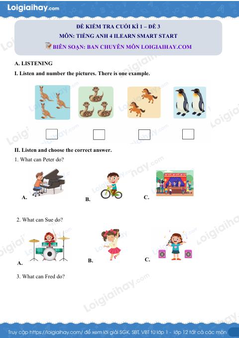 Đề thi học kì 1 Tiếng Anh 4 iLearn Smart Start - Đề số 3